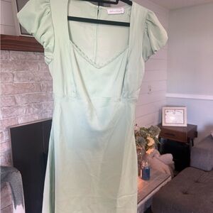 All in Favor Pale Mint Green Square Neck Midi Dress with Puff Sleeves